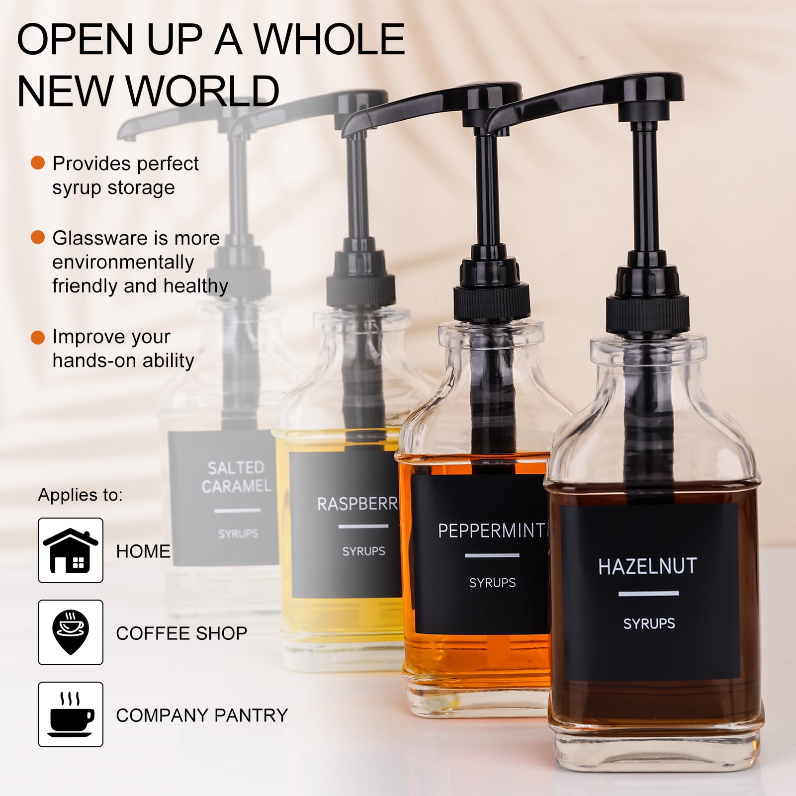 Topekada 4 Pack Glass Coffee Syrup Dispenser for Coffee Bar,Square Syrup Pump Dispenser with 1/4oz Large Capacity Pump,Coffee Syrup Bottles for Coffee Syrup,Dispenser Bottle for Syrup 16oz(Black)