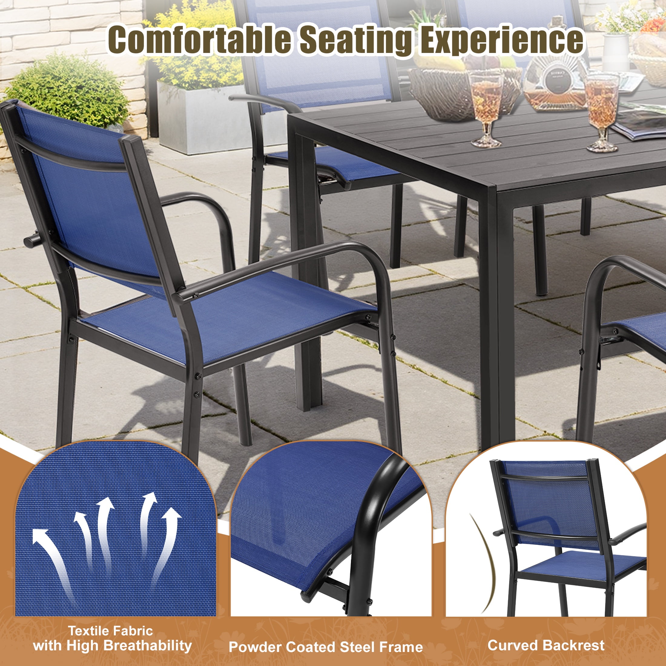 Patio Dining Set, 7PCS Outdoor Plastic-Wood Table & Textilene Chairs Set, Outdoor Furniture Dining Table Set, Garden Porch Backyard Poolside Sectional Conversation Set
