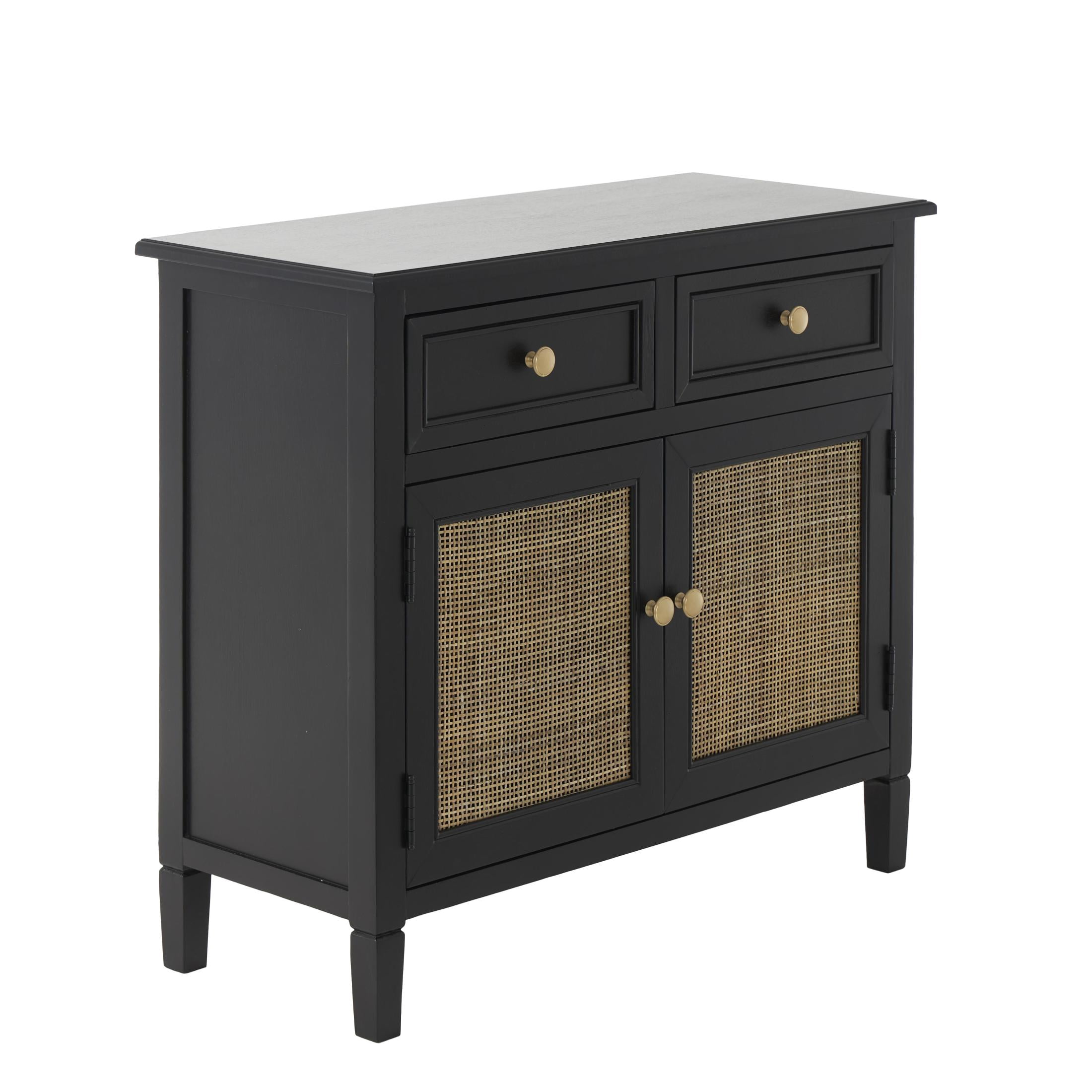 DecMode 30" x 26" Black Wood Handmade 2 Door and 2 Drawer Cabinet with Rattan Front, 1-Piece