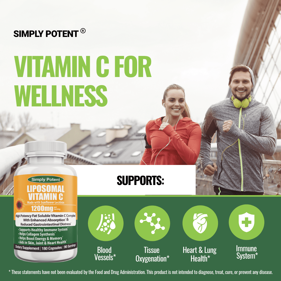 Simply Potent Liposomal Vitamin C 1200mg, 180 Capsules for Immune Support and Skin Health