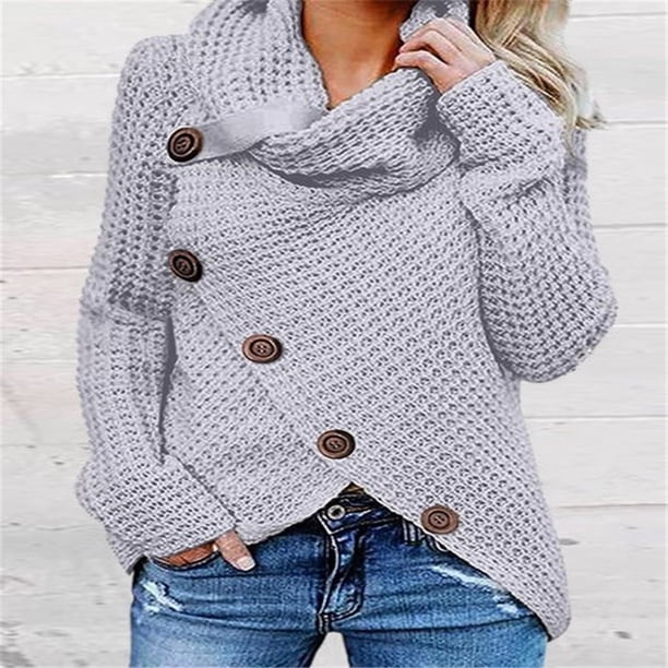 Suéter de cuello alto de cinco botones de otoño e invierno europeo y americano, suéter de mujer de color sólido, suéter de manga larga