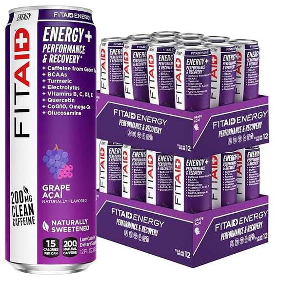 LIFEAID FITAID Energy Grape AÇAI, 200mg Natural Caffeine, Keto, Pre-Workout Performance: BCAAs, Quercetin, Electrolytes, Omega-3s, 15 Calories, Paleo, Vegan & Gluten-Free,12-oz (Pack of 24)