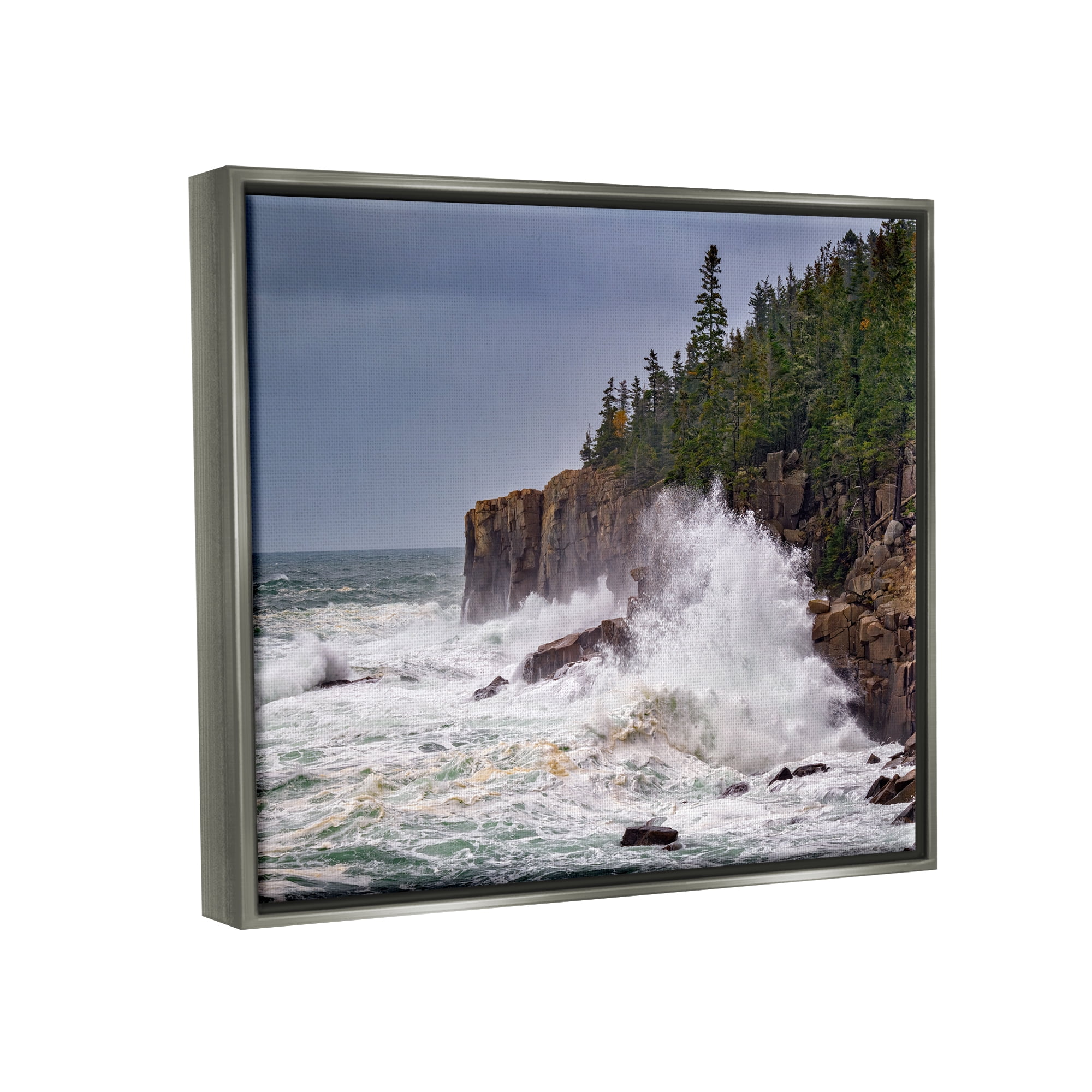 Stupell Crashing Ocean Waves Cliff Wall Landscape Photography Gray Floater Framed Art Print Wall Art