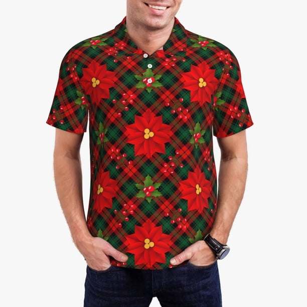Balery Christmas Plaid Flower Camisa Polo de Hombre con Estampado, de Manga Corta y Tejido Medio, Camisa Tipo Golf Polo-XX-Large
