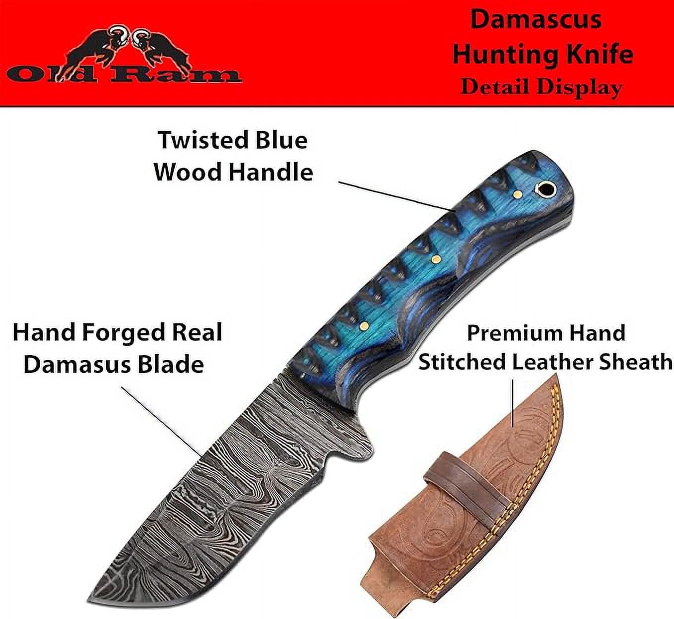 Old Ram Damascus Skinner Knife with Leather Sheath - 9" Twisted Blue Wood Hunting Knife
