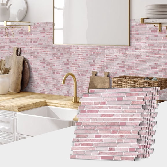 Self Adhesive 3D Tiles Stickers Wall Decals 12" x 12" Pink Mosaic Marbling Waterproof 6 Pcs Peel and Stick Kitchen Backsplash Wallpaper
