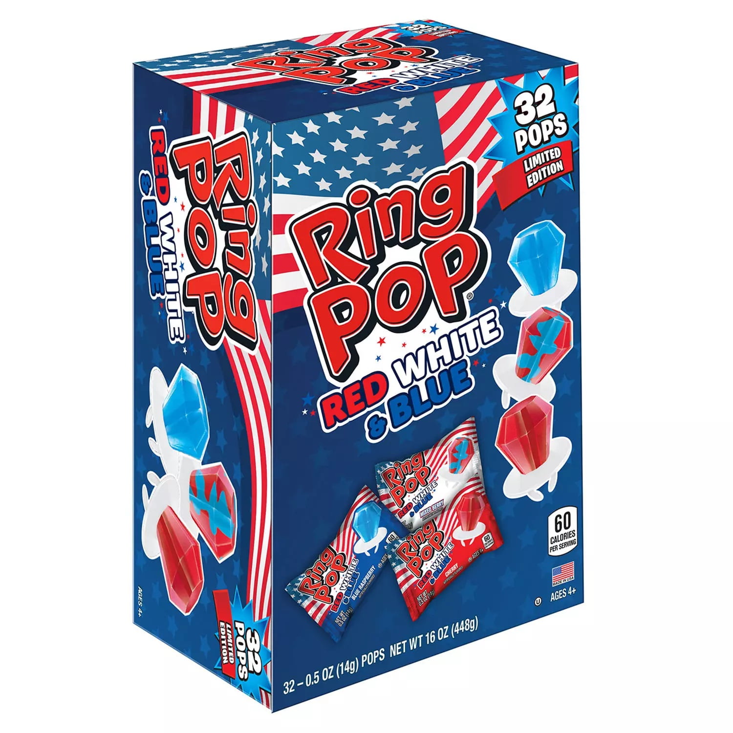 Ring Pop Limited Edition Red, White, and Blue Lollipop Variety Pack (32 Count)