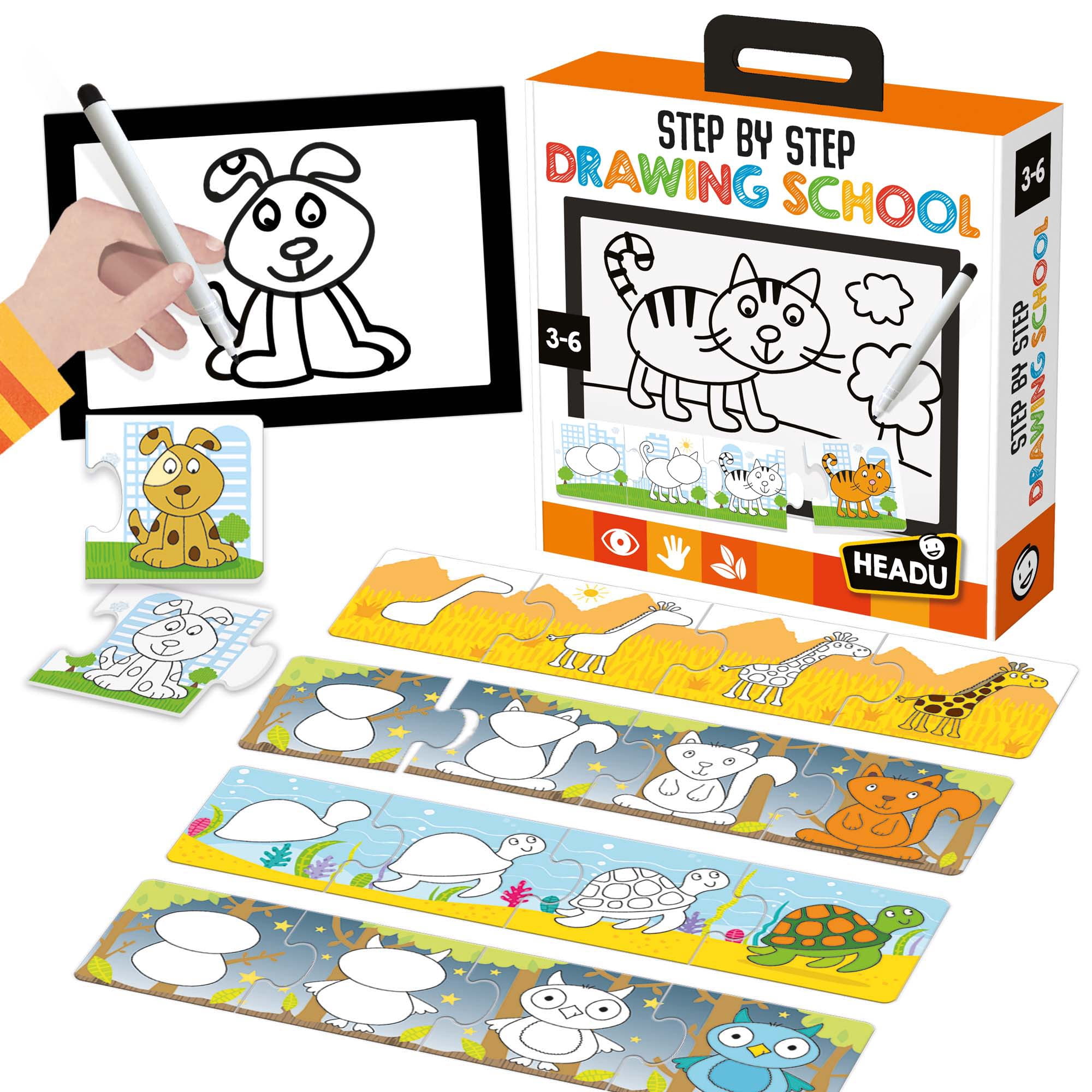 Headu Step By Step Drawing School - Puzzle & Animal Drawing Kit, Doodle Erase Board, 10 Progressive Puzzles, Sketch & Play Activity, Art Toy, Kids 3-6