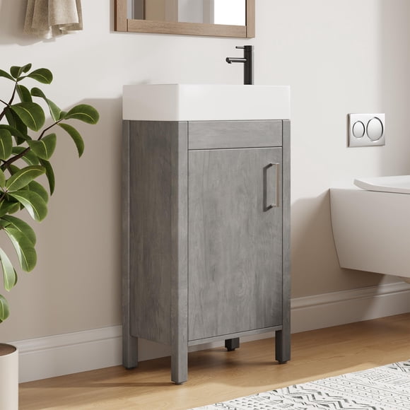 OUTWIND 16 inch Bathroom Vanity with Sink, Adjustable Feet 2 Tier Shelves Storage Small Bathroom Vanity with Door for Balcony Laundry, Grey