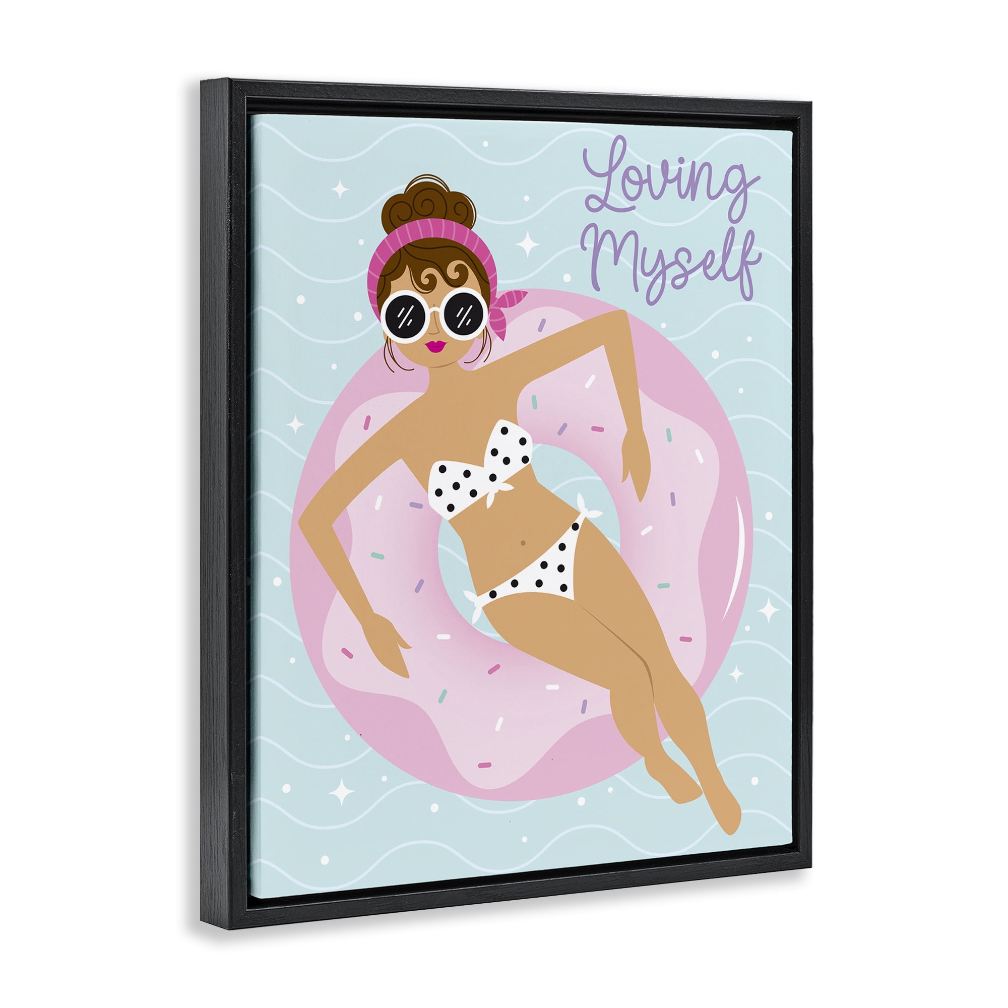 Stupell Industries Loving Myself Girl in Pool People Painting Black Floater Framed Canvas Art Print Wall Art, 25 x 31