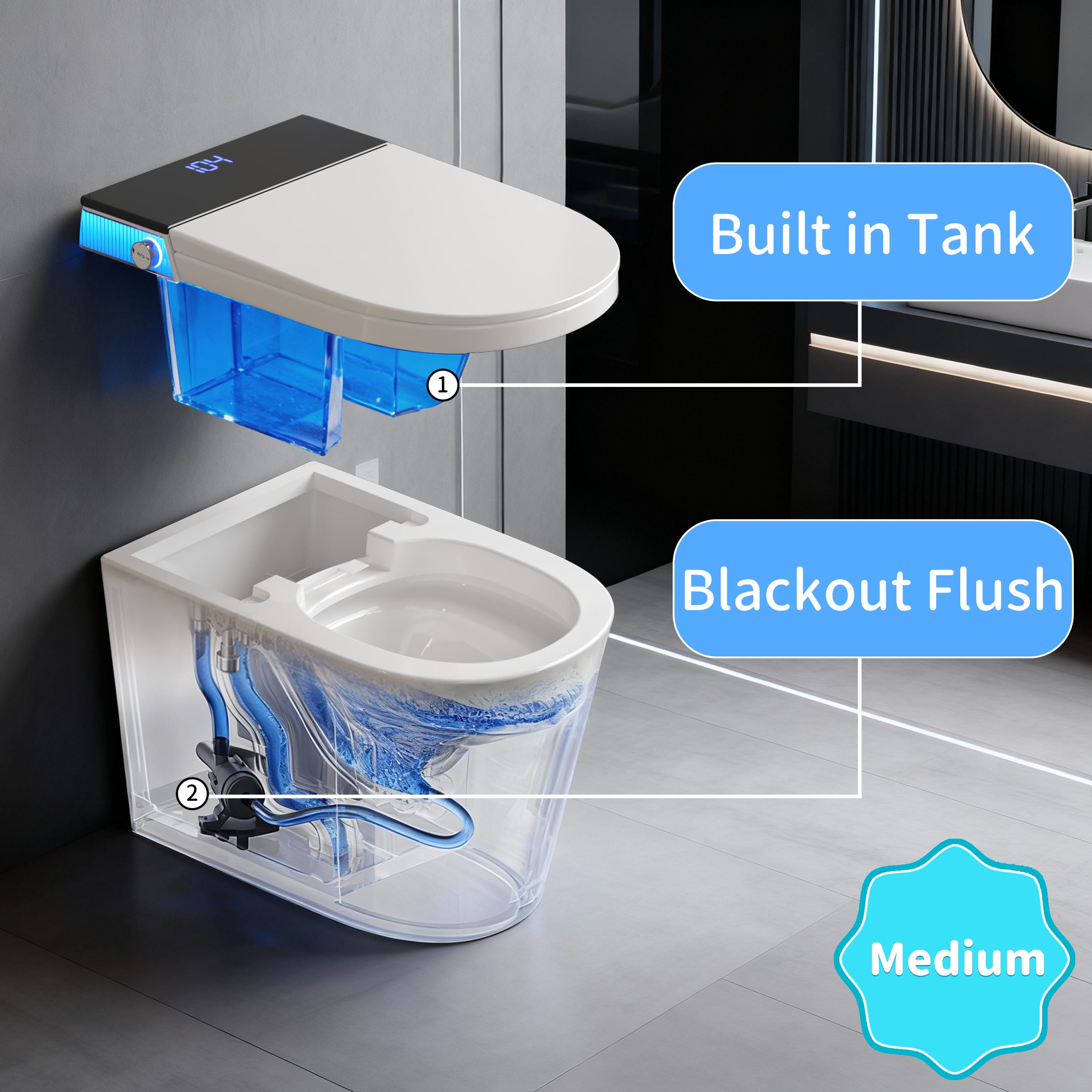 Smart Toilet Seat with Wireless Remote, Auto Flush, Warm Air Dry, Seat Heating, Female & Posterior Wash, Blue Ambient Light, IPX4 Waterproof, Energy Efficient, US Plug