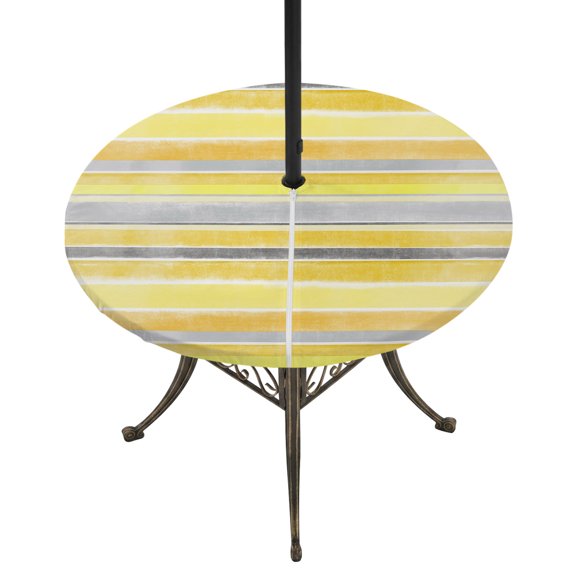 Round Outdoor Tablecloth with Umbrella Hole and Zipper, Yellow Nordic Style Stripes Fitted Table Cover with Elastic Edge for 36-44 Inch, Yellow Gray Texture Waterproof Patio Tablecoths for Picnic
