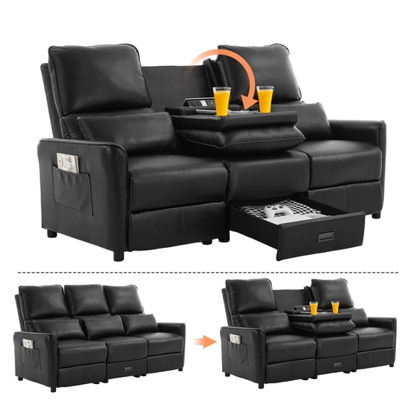 IPKIG 74" RV 3-Seater Manual Recliner Sofa with Flip Backrest, Drawer, USB Ports, AC Sockets & Cup Holders for Home Theater & Living Room, PU Leather Black