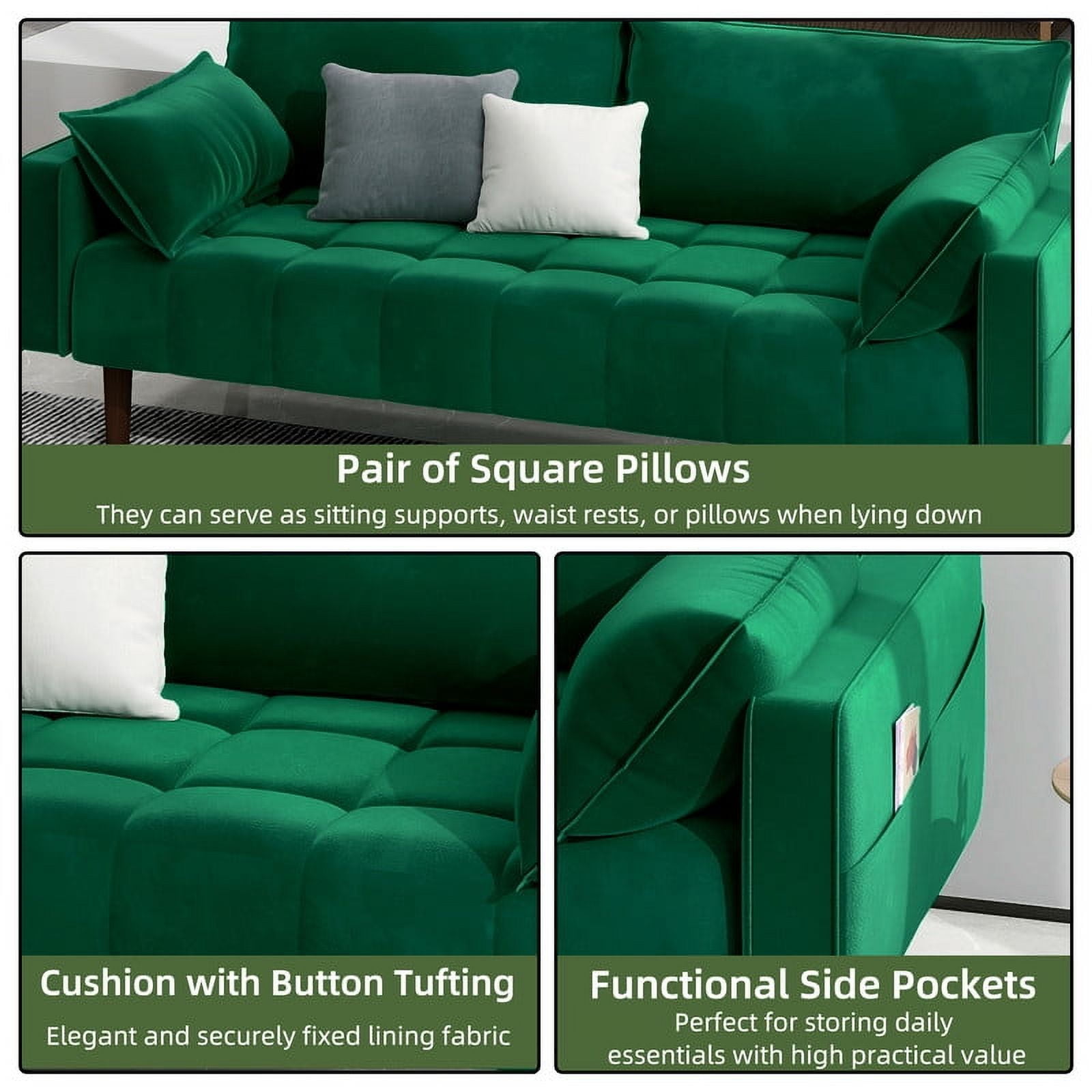 Uforic 70" Velvet Loveseat Sofa, Modern Comfortable Sofa Loveseat Small Sofa Couch with Side Storage Pockect & 2 Pillows, Button Tufted Seat Cushion for Living Room Bedroom Apartment, Green