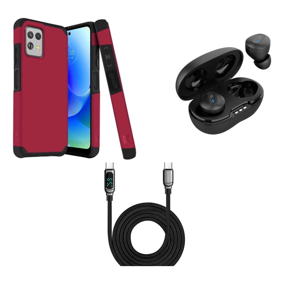 BD Combo Bundle Case for Moto G Power 5G 2023 Case - (Magenta Pink) Dual Shockproof Protector Armor Case with Wireless Earbuds with Charging Case, Digital LED Display USB-C to USB-C Cable (3.3 Feet)