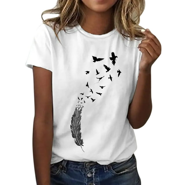 Womens Tshirts Feather Print Pattern Crew Neck Short Sleeve Loose Blouse Ladies Summer Tops White M