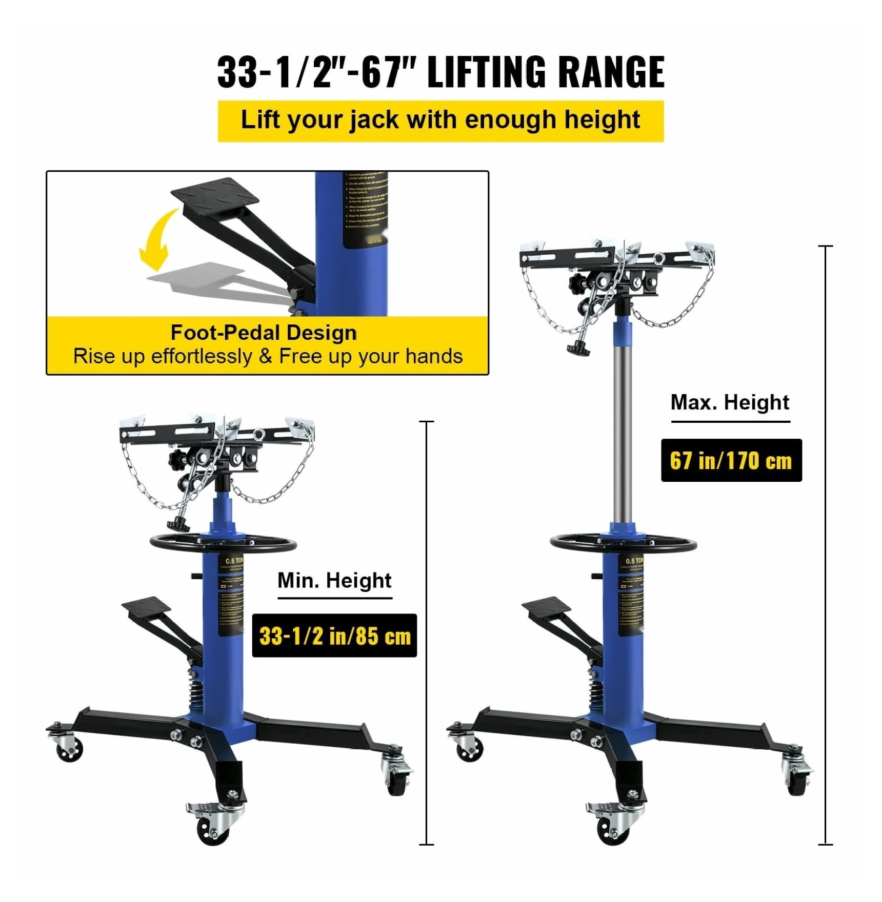 Transmission Jack 1100 Lbs, 33-67" High Lift Telescoping Hydraulic Jack, 1/2 Ton Shop Floor Jack with Pedal & Swivel Wheels for Garage Automotive