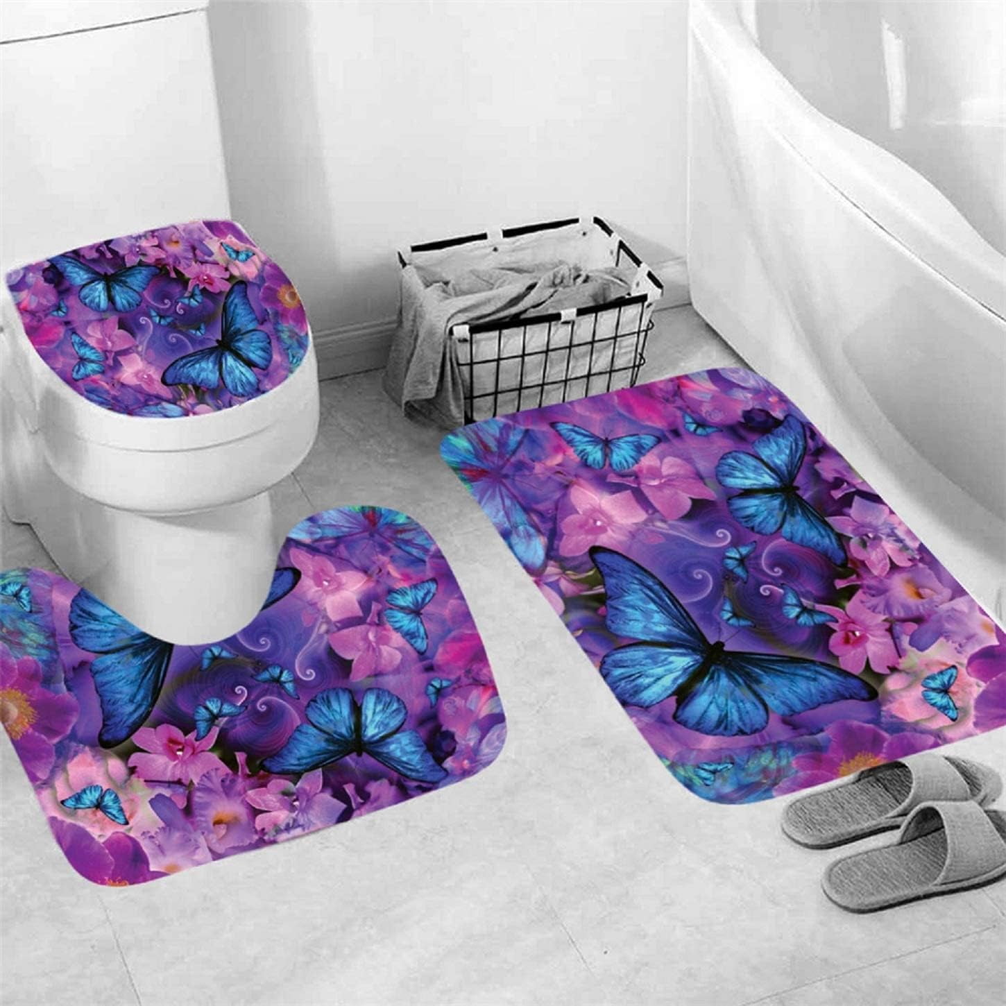 Bathroom Sets with Shower Curtain and Rugs, Toilet Lid Cover, Bath Mat, 4PCS Purple Rose Butterfly Shower Curtains for Bathroom, Romantic Flower Shower Curtains Set for Bathroom Decor