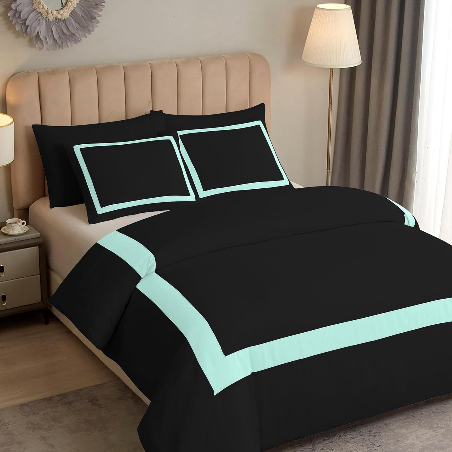 DNG Creations 5 Piece Full Black And Auqa Blue Border Line Pattern Duvet Cover - 100% Egyptian Cotton, 800 Thread Count ( California King )