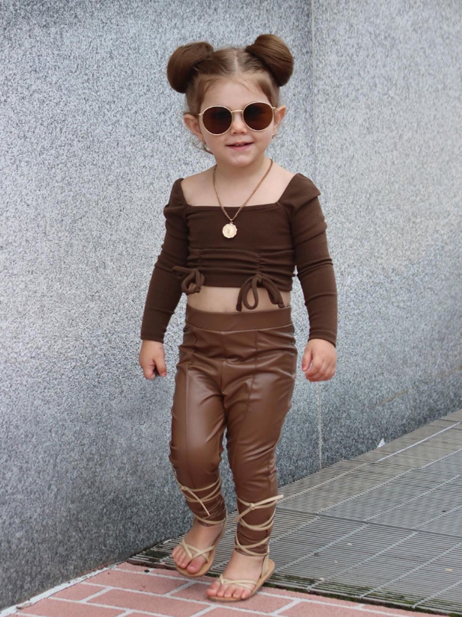 Ma&Baby 2PCS 2-7 Years Kids Girls Outfit Set Long Sleeve Bowknot Crop Top  and Faux Leather Long Pants Set