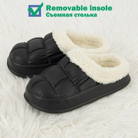 

QWZNDZGR Winter Fur Slippers Woman Waterproof Indoor Mules Slides Chunky Shoes For Women Embossed Thick Eva Slipper With Removable Insole