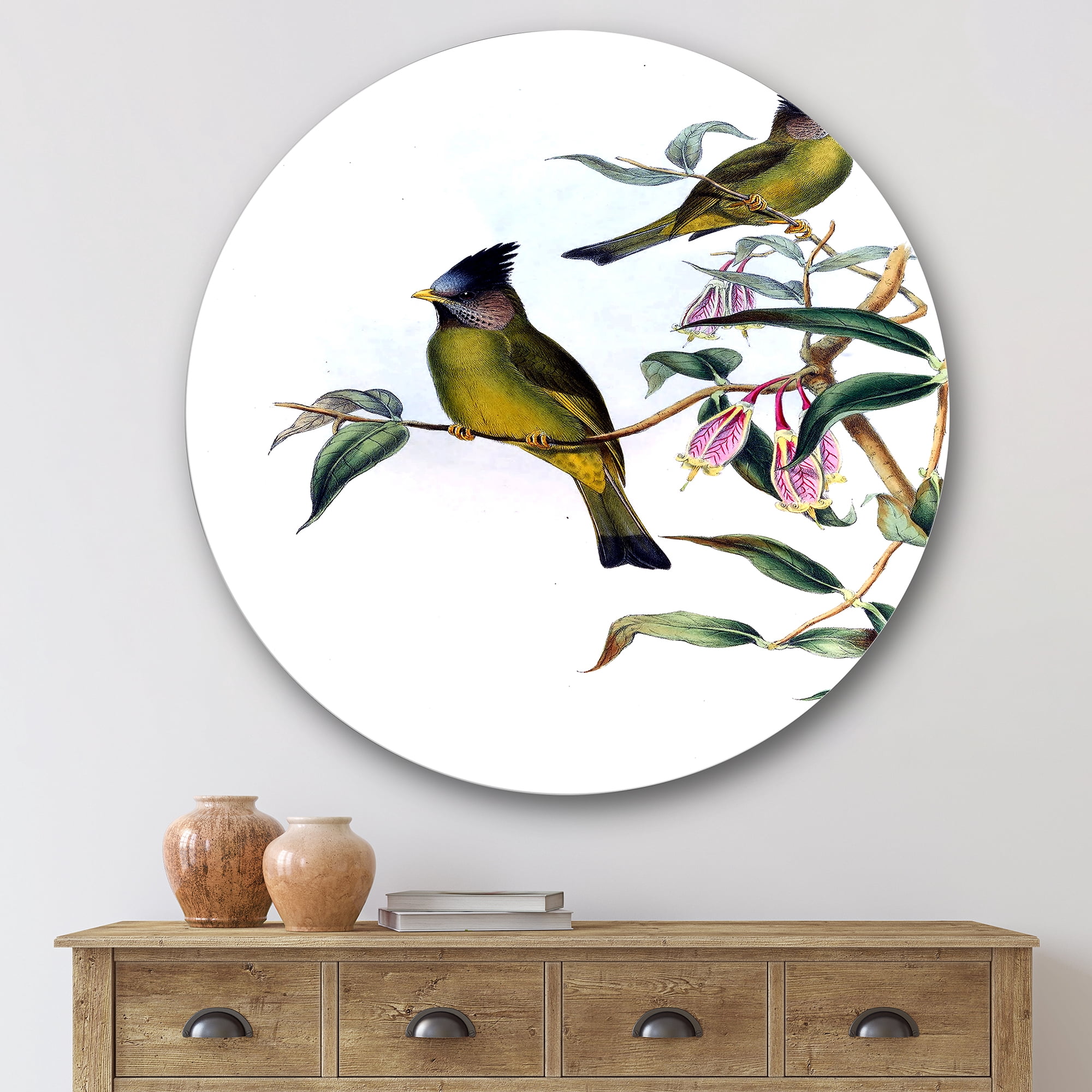 Designart 'Vintage Countryside Birds On Branch II' Farmhouse Circle Metal Wall Art 36x36 - Disc of 36
