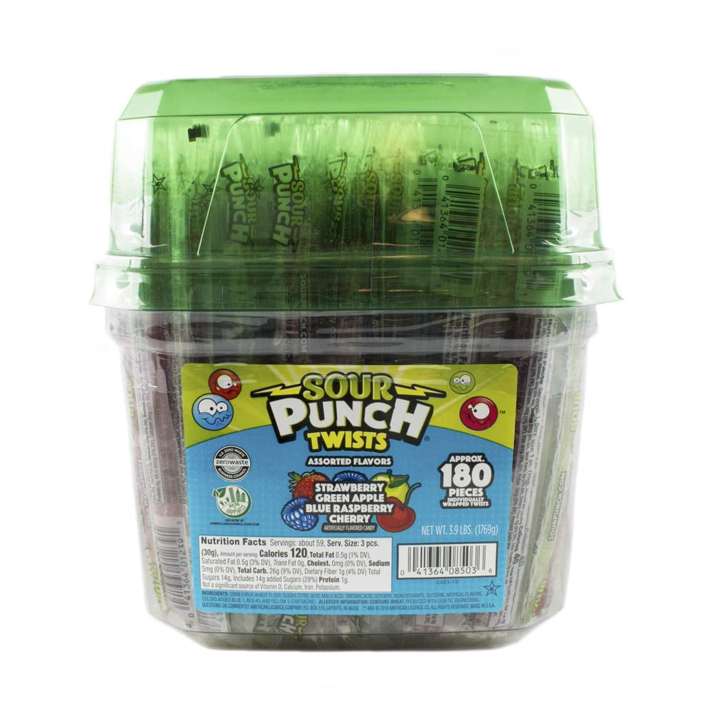 Sour Punch Twists, 6" SBF3&nbsp;Individually Wrapped Soft & Chewy Candy Tub, 4 Fruit Flavors, 62.4 Oz