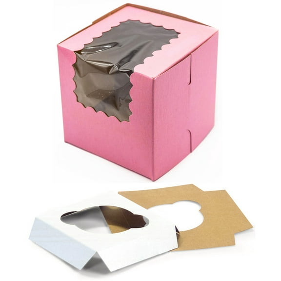 Pink Kraft Cupcake Boxes 4" x 4" x 4" with Scalloped Window and Inserts, Recycled Paper, Front-Loading Bakery Packaging, Pack of 10