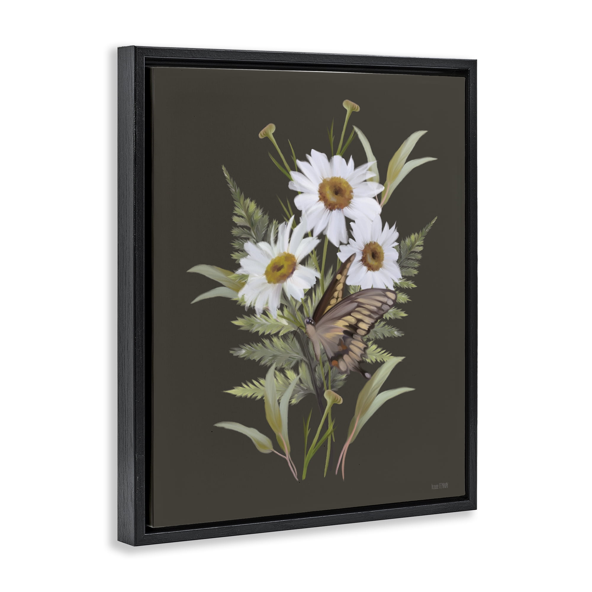 Stupell Industries Daisy Bouquet with Swallowtail Black Framed Floater Canvas Wall Art, design by House Fenway