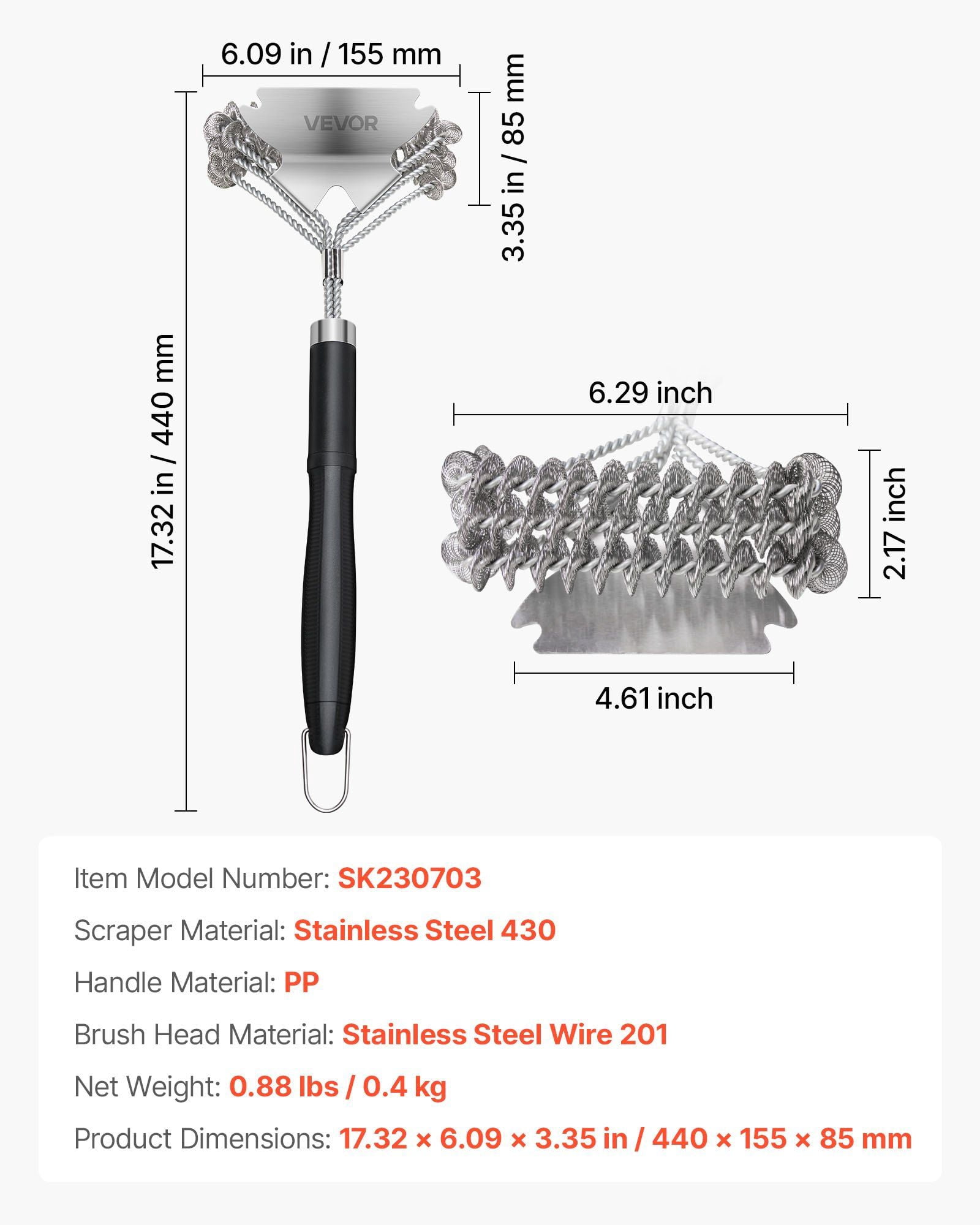 BBQ Grill Brush and Scraper, Stainless Steel Bristle-Free Grill Cleaner 17 Inch, Heavy-Duty Helix Design, Heat-Resistant Handle, Ergonomic Grip, Safe and Efficient Cleaning Tool for Charcoal, Gas