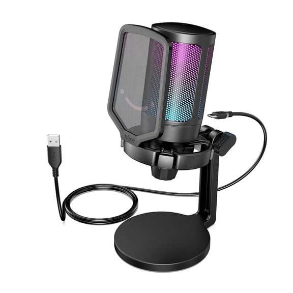 FIFINE Gaming Microphone for PC Computer PS5 PS4 Laptop, USB Streaming Microphone with RGB, Condenser, Mute Button, Gain Control for Recording-A6NEO