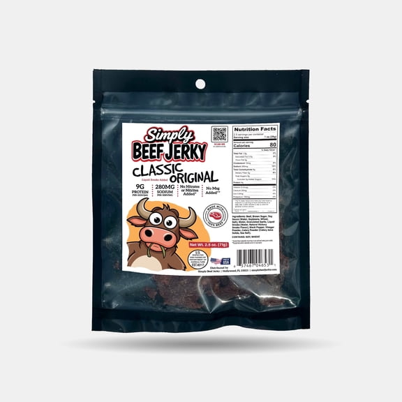 Simply Beef Jerky, Classic Original, Made with 100% Beef, 9g of Protein per Serving, 2.5 oz Bag