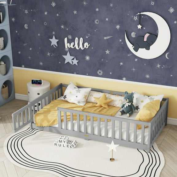 Alvantor Twin Size Montessori Floor Bed for Kids with Door and Fence, Rubber Wood Toddler Platform Bed Frame, No Box Spring Needed, Gray