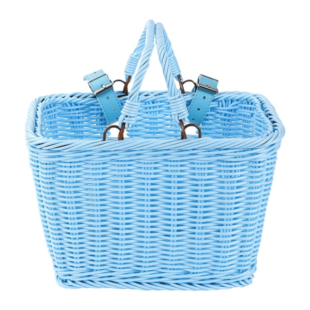 Cesta de bicicleta de mimbre para niños, cesta de bicicletas con manijas lavables y portátiles para niños, accesorios tejidos para el ciclismo al aire azul