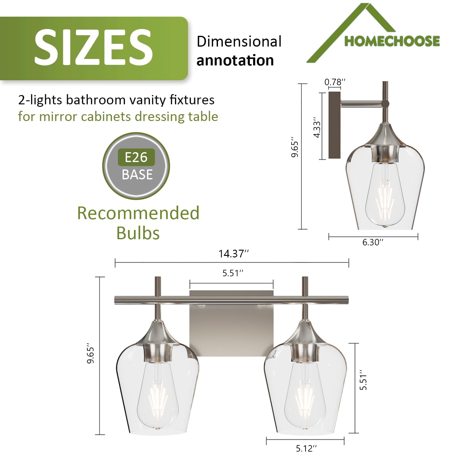 Homechoose Bathroom Light Fixtures,2-Light Bathroom Vanity Light Fixtures,Clear Glass Shade,Bathroom Lights Over Mirror,Brushed Nickel Vanity Lights for Bathroom,Wall Light Fixtures for Bathroom