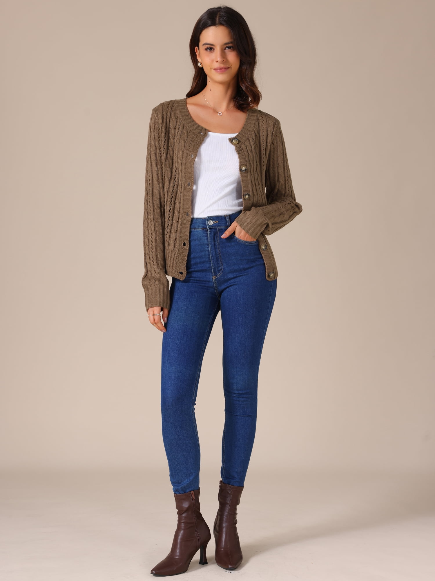 DARING DIVA Women's Open Front Button Down Cable Knit Cardigan Sweater L Brown
