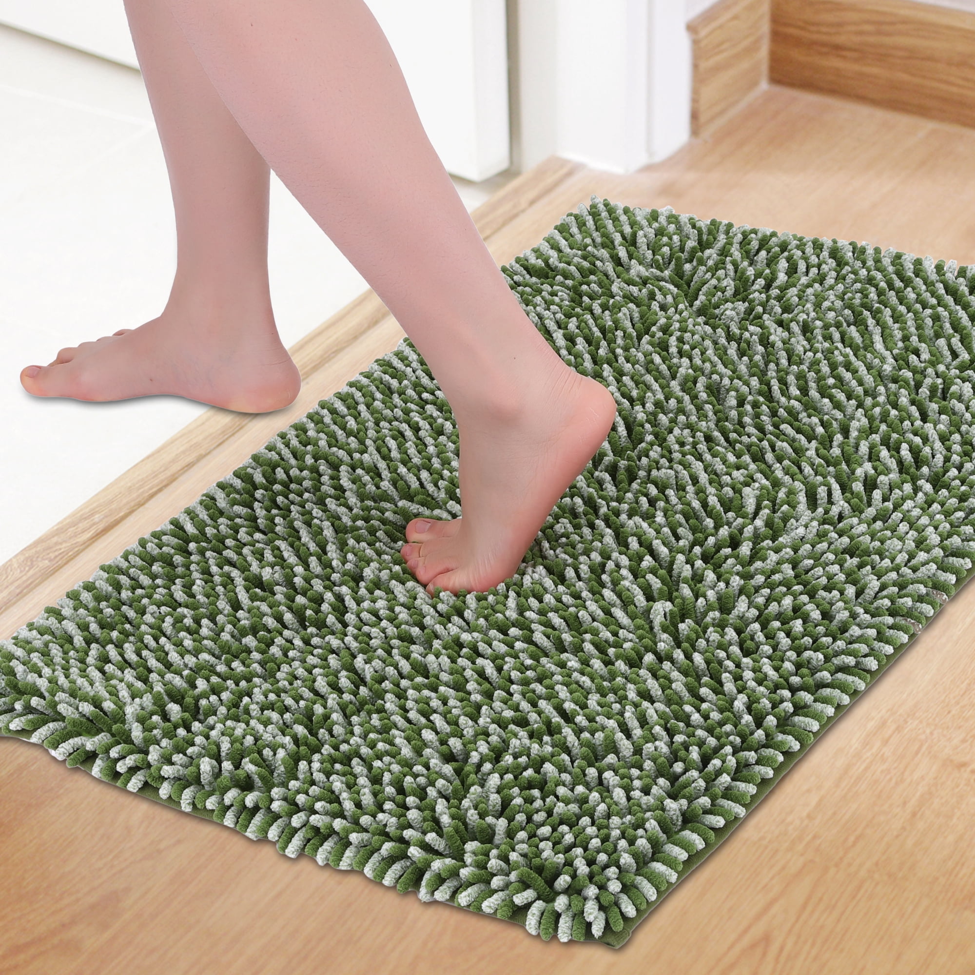 Unique Bargains Non Slip Absorbent Chenille Bathmat Washable Soft Bath Rug Green 17" x 24"