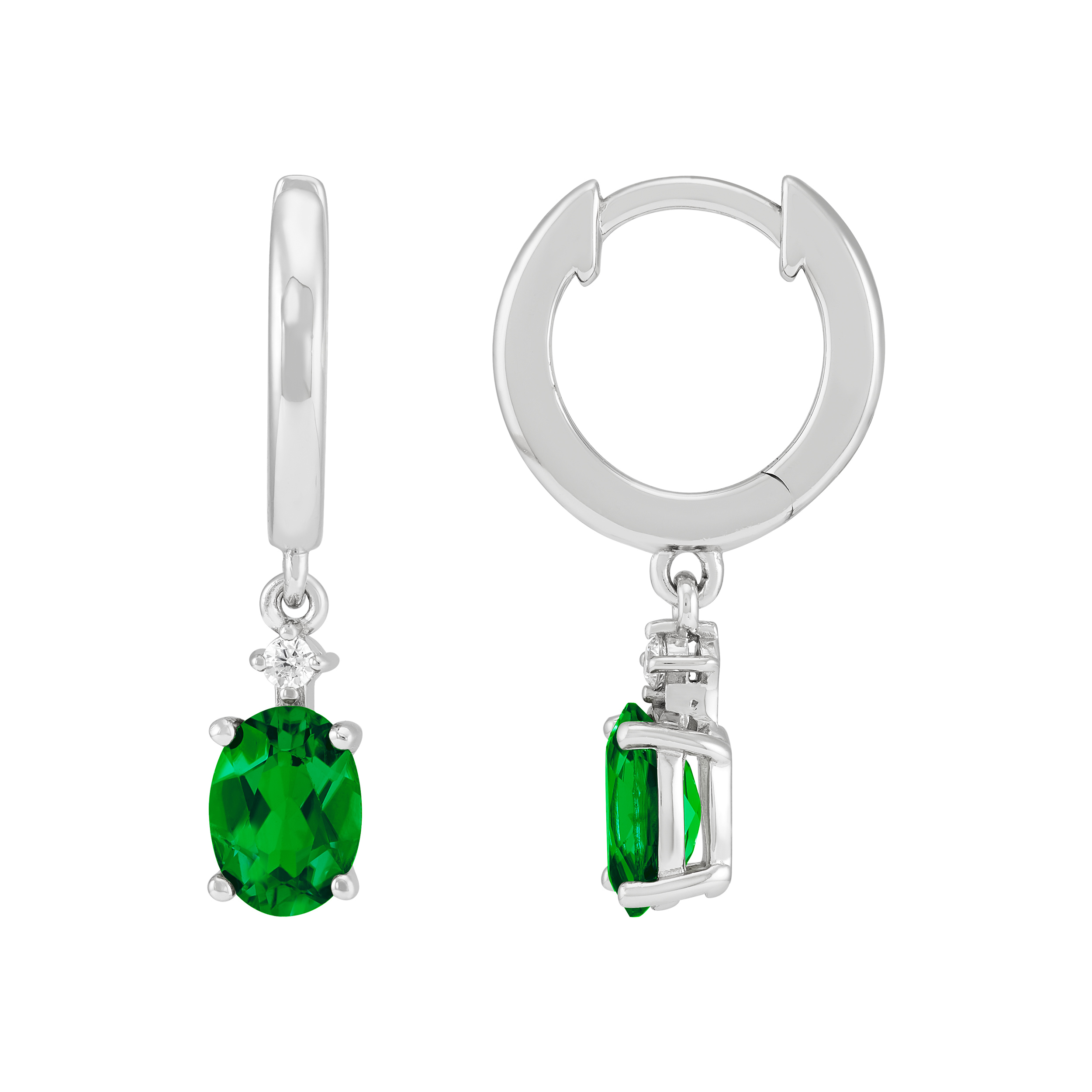 Brilliance Fine Jewelry Oval Simulated Emerald and White Cubic Zirconia Hoop Earrings in Sterling Silver