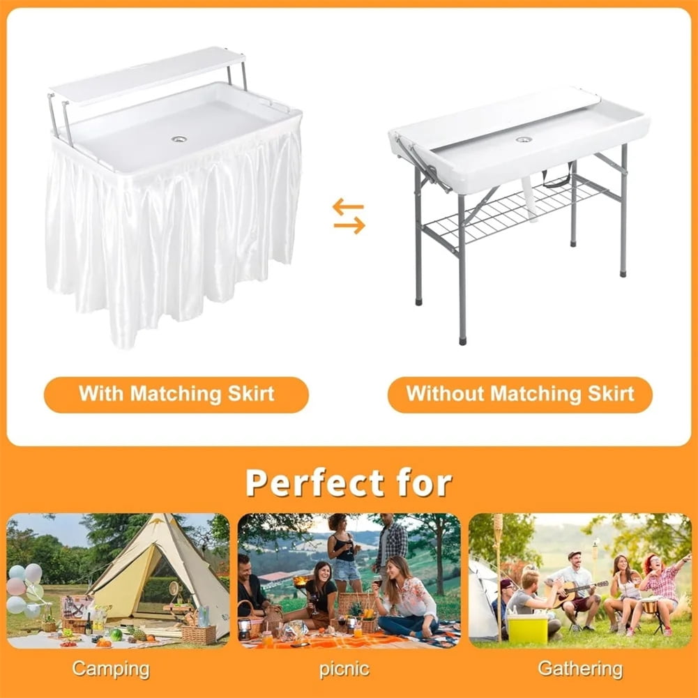 Ataucjin Outdoor Ice Cooler Folding Table with Drain, Two-Tier Ice Tables with Removable Skirt and Extra Storage Shelf, Indoor Outdoor Use for Events, Parties, Wedding, Camping, BBQ, White