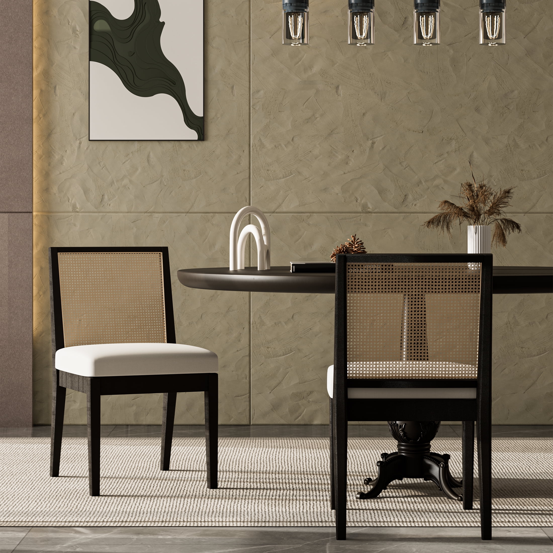 Guyou Farmhouse Rattan Dining Chairs Set of 2, Mid Century Modern Dining Side Chairs with Black Hardwood Frame, Linen Upholstered French Country Kitchen Chairs for Dining Room Bistro, Beige
