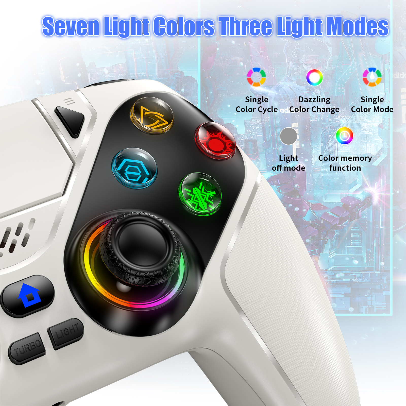 Control inalámbrico LED Turpow para P5, siete colores de luz, compatible con P5 Pro/Slim/PC, doble vibración, conector de audio de 3.5mm, función macro/turbo, control de movimiento de 6 ejes con altavoz (blanco) 2
