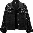 thumbnail image 1 of Women'S Pearl Denim Jacket Cropped Rhinestones Jean Jacket Coat Black S, 1 of 5