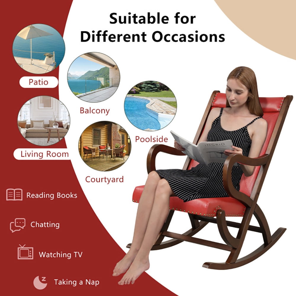 Finihen Rocking Chair, Recliner Chair, Modern Rocking Chair with PU Cushion and Rubber Wood Frame, for Living Room, Bedroom, Red Finihen Rocking Chair, Recliner Chair, Modern Rocking Chair with PU Cushion and Rubber Wood Frame, for Living Room, Bedroom, Red