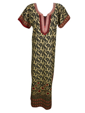 Mogul Womens Maxi Caftan Beautiful Neck Embroidered Cap Sleeves Summer Comfortable Evening Wear Kaftan Nightgown Sleepwear Dress