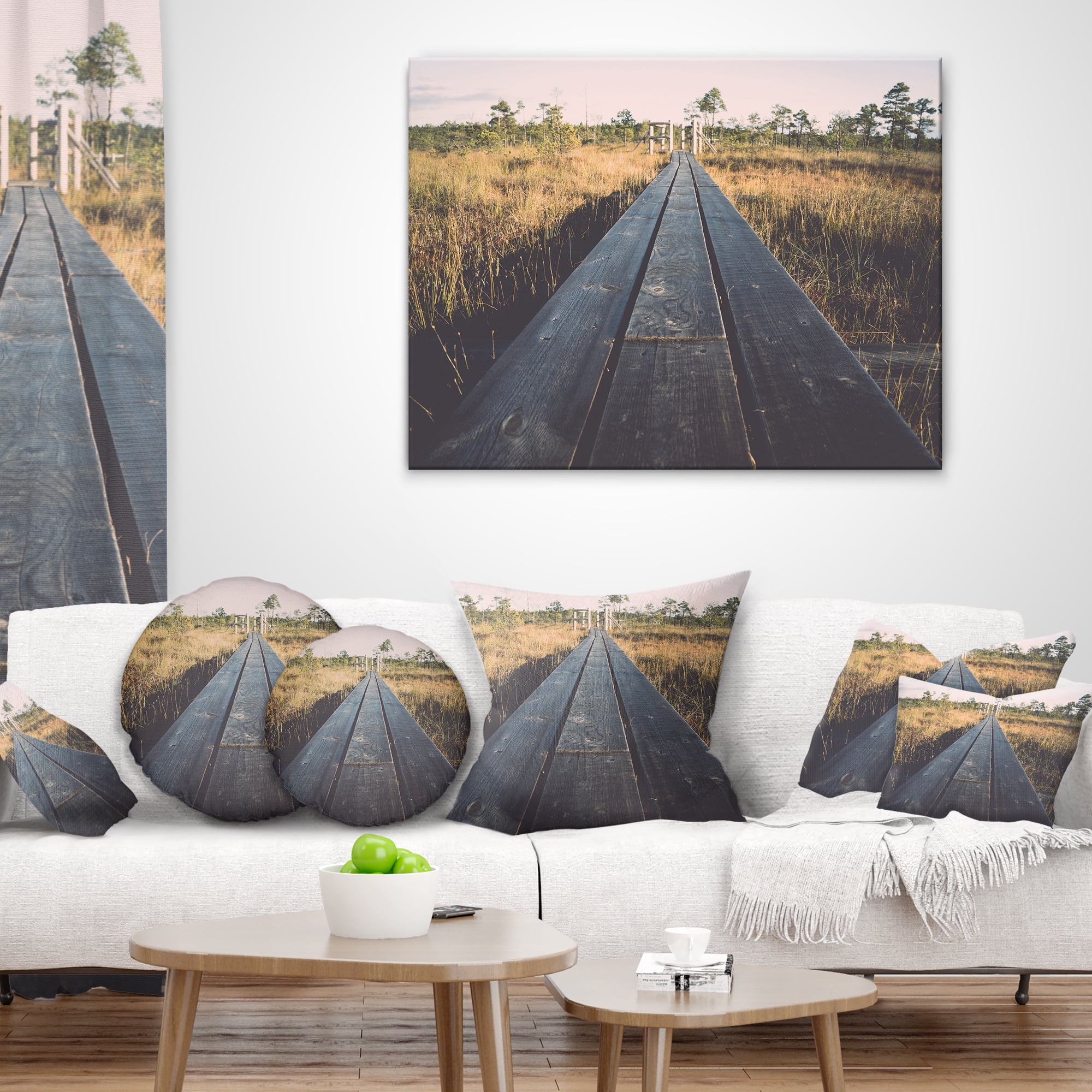 Designart Wood Footpath on the Bog in Fall - Landscape Printed Throw Pillow - 12x20