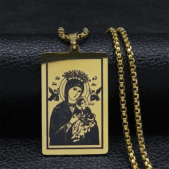 Virgin Mary Medal Pendant Necklaces 14K Yellow Gold Long Our Lady Of Schoenstatt Necklace Prayer Religious Jewelry Gift