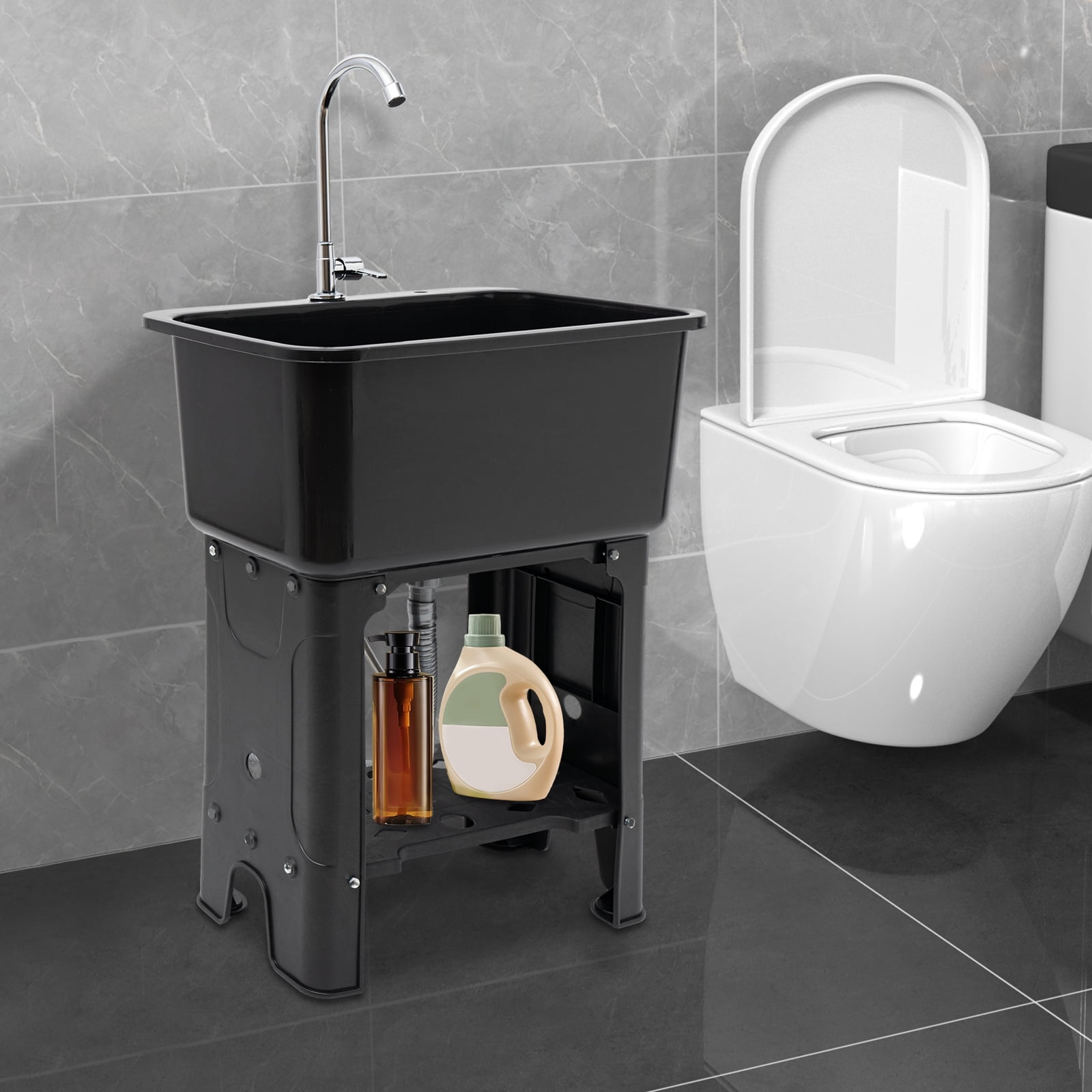 ToppiJoy Freestanding Utility Sink with 360° Rotating Faucet, Modern Black Design, Large Capacity for Laundry, Pets & Commercial Use