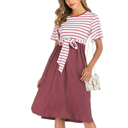 

Women Dress Summer Short-sleeve Striped Casual Round Neck Loose Pullover Dresses Swing Dress