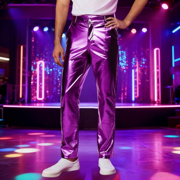 Mens Metallic Shiny Disco Pants Wet Look Party Dance Straight Leg Trousers (Purple M)