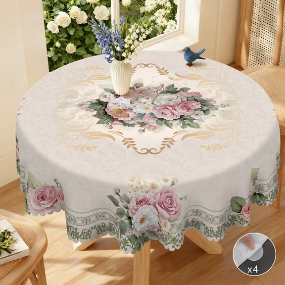 Tuzlier Floral Tablecloth, 60'' Round Washable Table Cover for Holiday Birthday Wedding Party Dinner Decor, Pink